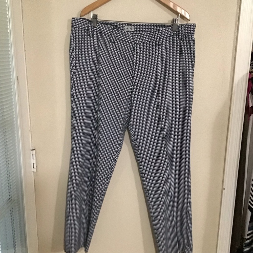 Woman’s Adidas 38×30 golf pants gingham printed blue white checkered